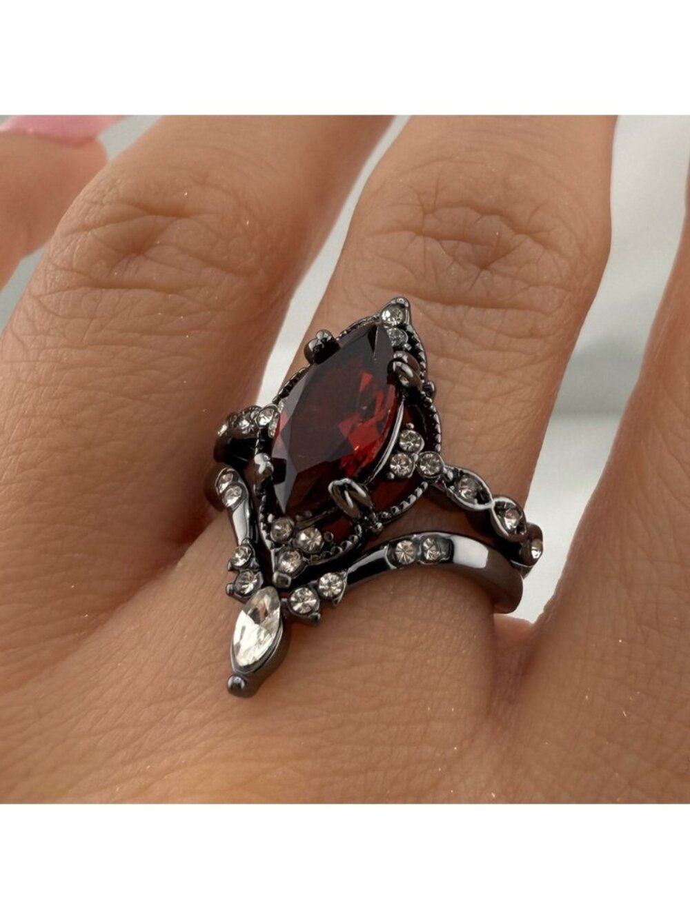2x  gothic Black silver and Red Gemstone Ring